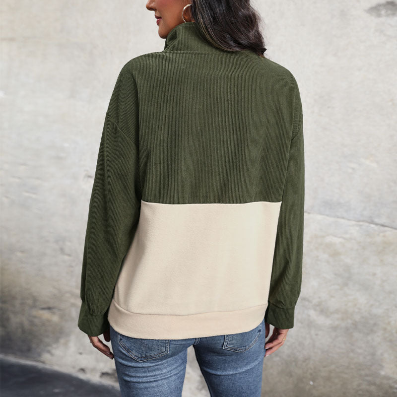 Damen gemütlicher Oversized Pullover mit Knopfleiste und farblich abgesetztem Design EB