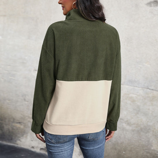 Damen gemütlicher Oversized Pullover mit Knopfleiste und farblich abgesetztem Design EB