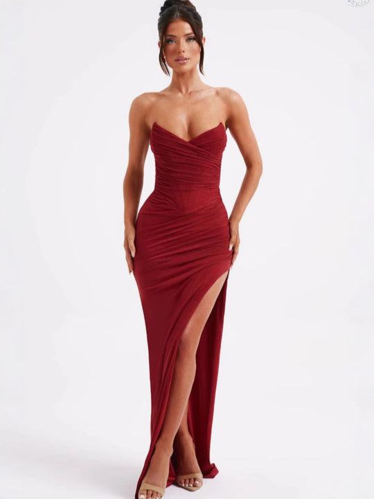 Damen Elegantes Wickelkleid mit schulterfreiem Design und hohem Schlitz EB