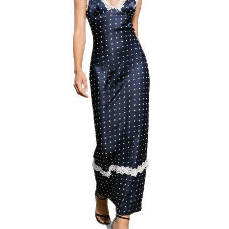 Damen Satin Nachthemd mit Spitzenapplikationen und Polka-Dots EB