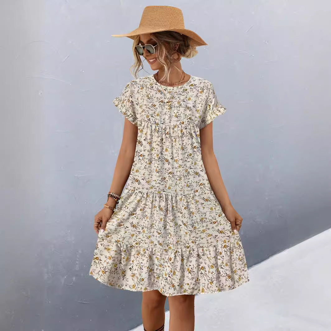 Damen Freizeitkleid mit voluminösem Rock und floralem Design EB