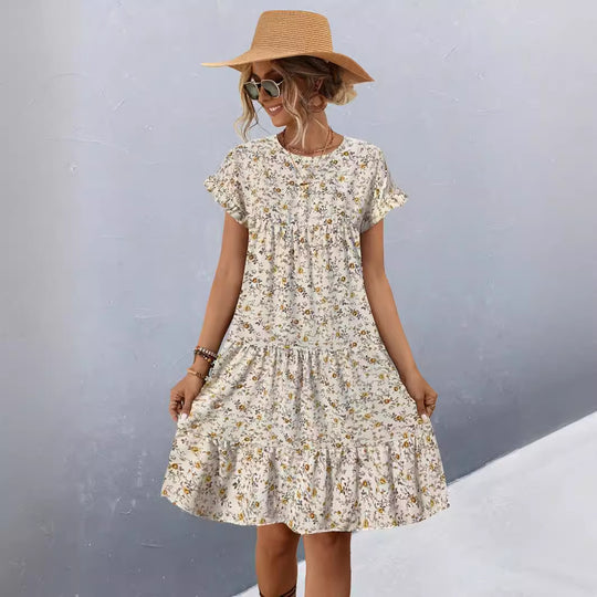 Damen Freizeitkleid mit voluminösem Rock und floralem Design EB
