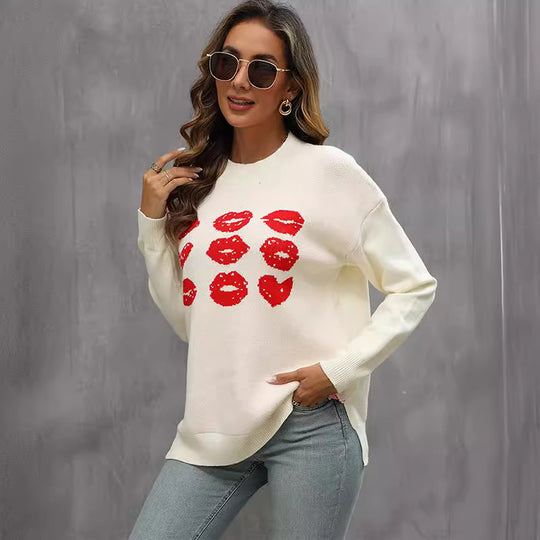 Damen Strickpullover mit glitzerndem Lippen-Motiv EB