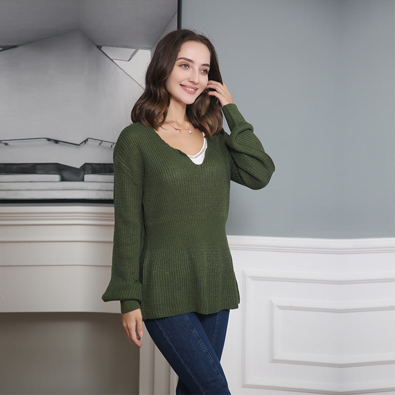 Damen Grobstrickpullover mit tiefem V-Ausschnitt und lässigem Schnitt EB