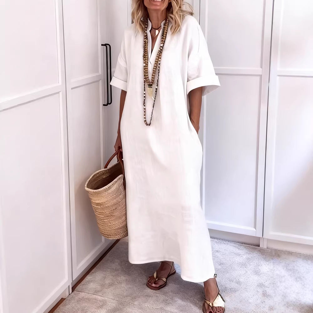 Damen Leinen Maxikleid mit V-Ausschnitt und praktischen Taschen EB