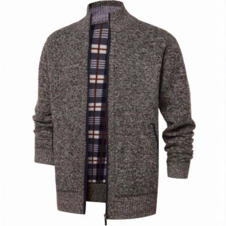 Herren gebürstete Strickjacke mit kariertem Thermofutter und Stehkragen EB