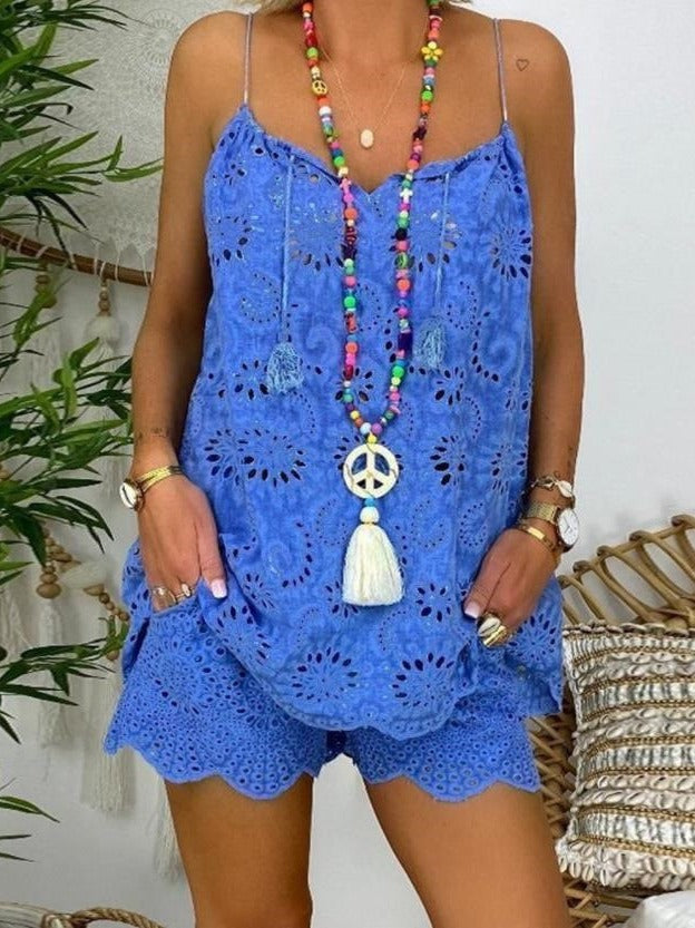 Damen luftiges Sommeroberteil mit Spitze und passenden Shorts EB