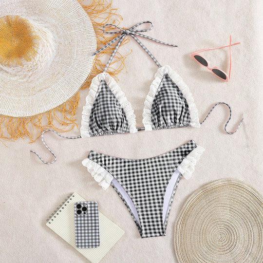 Damen Triangel-Bikini mit Rüschendetails und kariertem Design EB