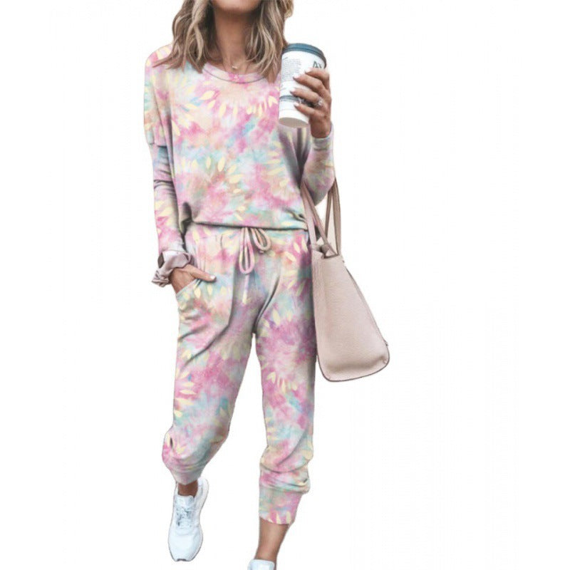 Damen Lässiger Tie-Dye Lounge-Jumpsuit mit Kordelzug und Eingrifftaschen EB