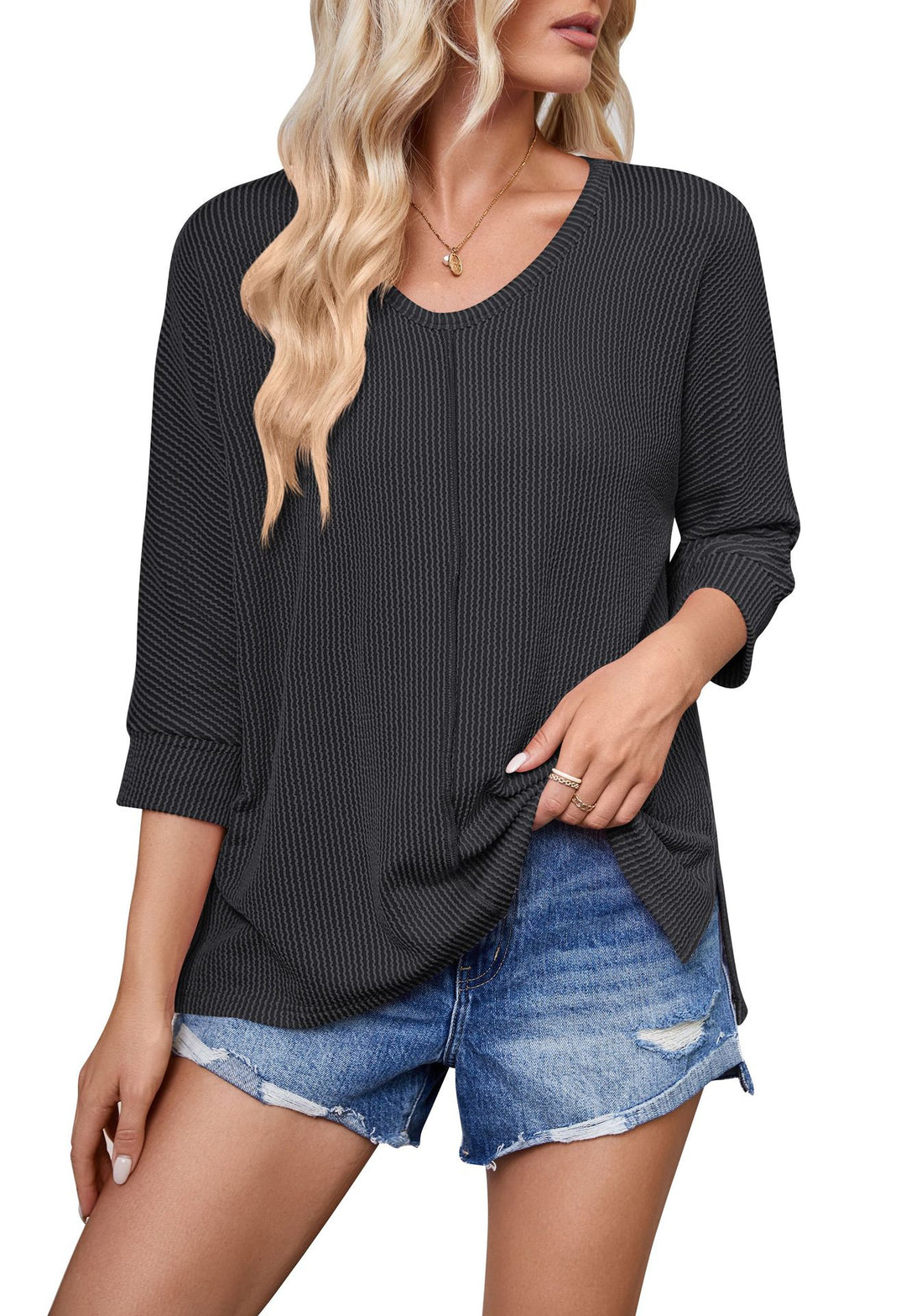 Damen lässiges V-Neck Oberteil mit strukturiertem Design und lockerer Passform EB