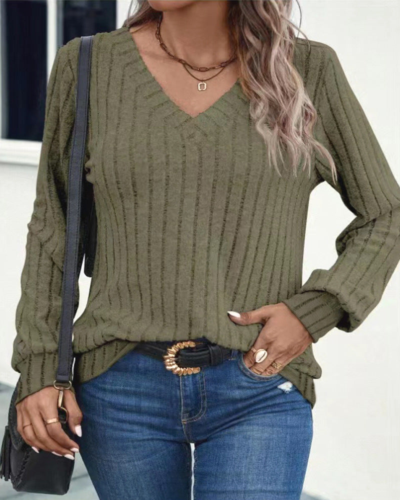 Damen V-Ausschnitt Rippstrickpullover mit langem Arm EB