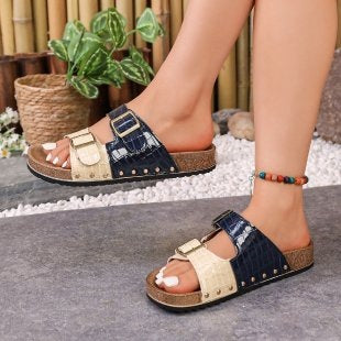Damen komfortable Zehentrenner-Sandalen mit modischem Schnallen-Design EB