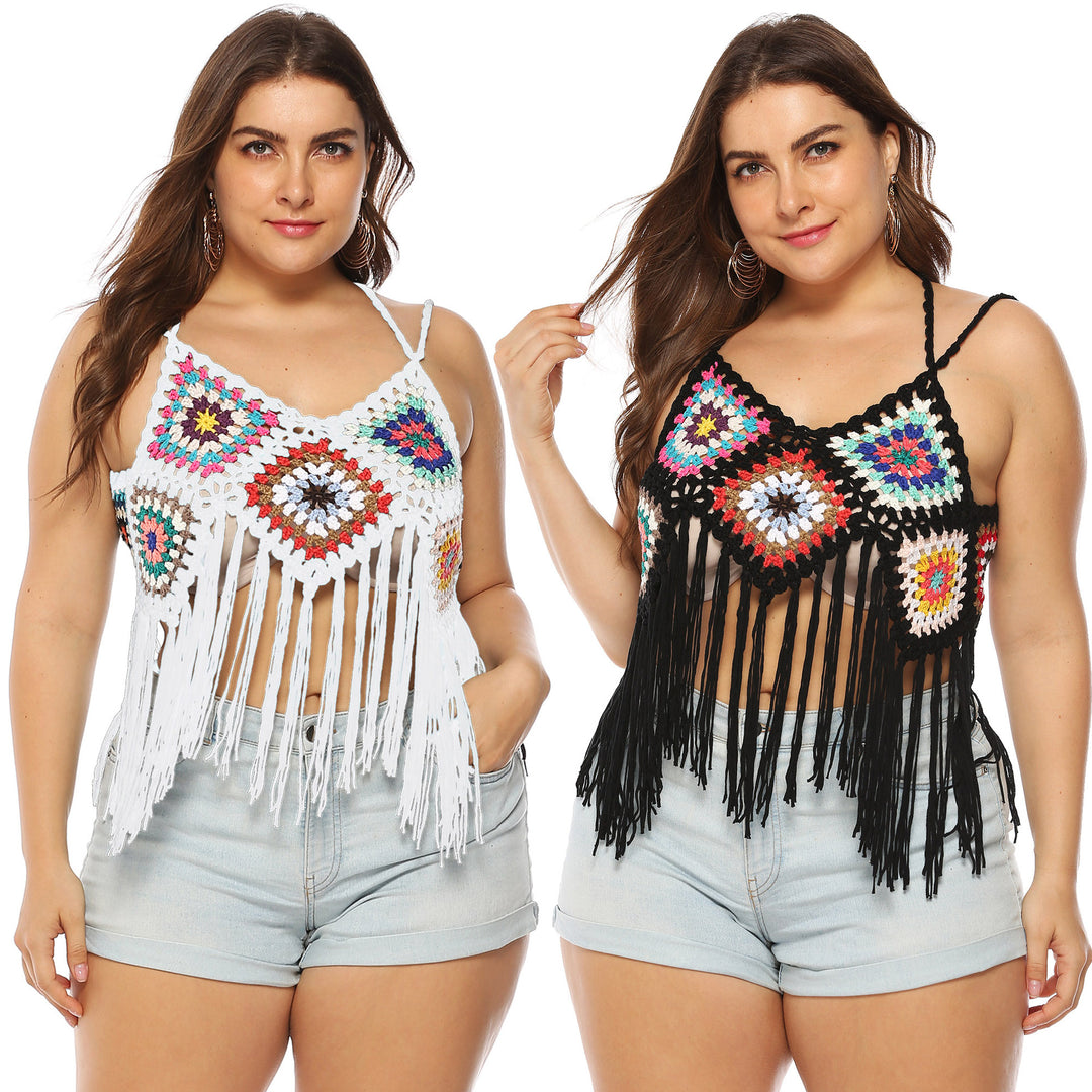 Damen gehäkeltes Crop-Top mit buntem Fransen-Design EB