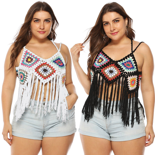 Damen gehäkeltes Crop-Top mit buntem Fransen-Design EB