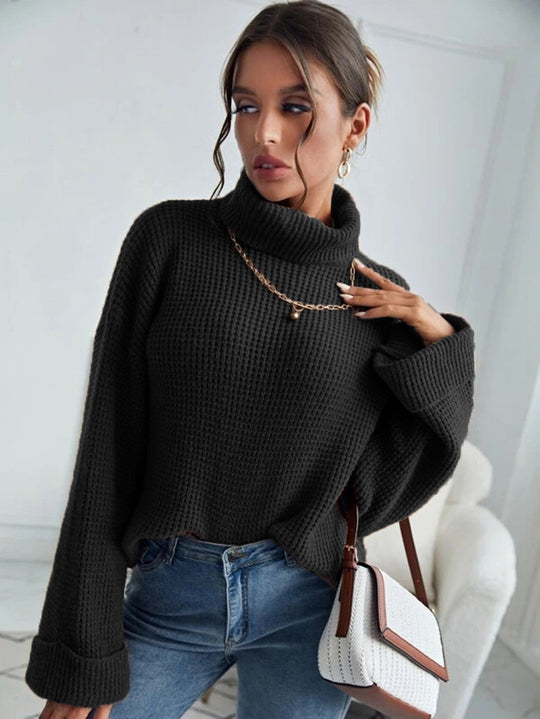 Damen Hochwertiger Strickpullover mit hohem Kragen und strukturiertem Design EB