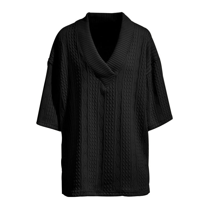 Damen Oversized Kurzarm-Strickpullover mit tiefem V‑Ausschnitt und Zopfmuster EB