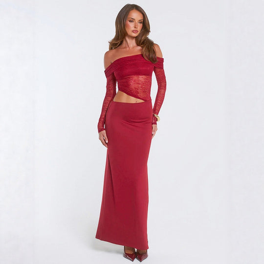 Damen elegantes Off-Shoulder-Maxikleid mit asymmetrischem Schnitt und transparenter Spitze EB