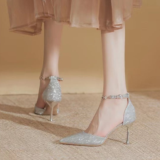 Damen elegante Pumps mit glitzerndem Strass und zartem Riemchen EB