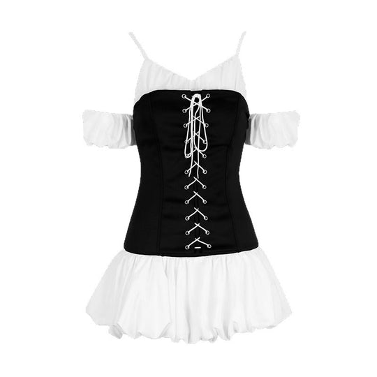 Damen Rüschenkleid mit Schnürung und abnehmbaren Trägern EB