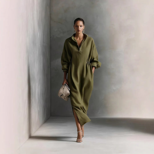 Damen stilvolles Midikleid mit Bindegürtel und klassischem Kragen EB