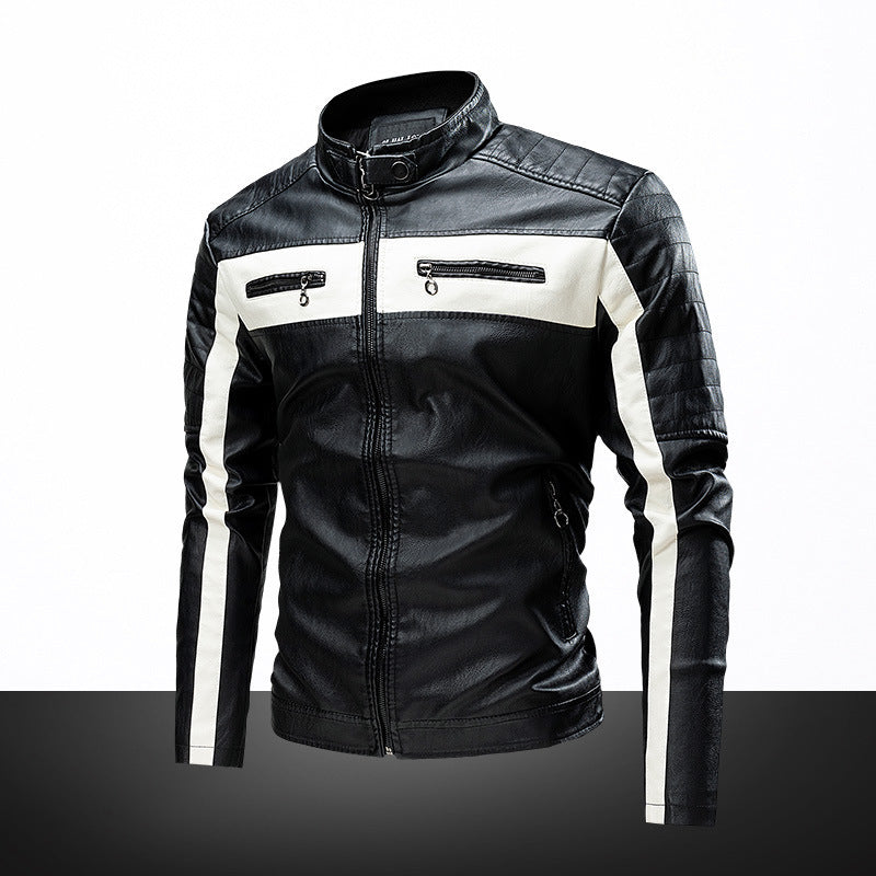 Herren Biker-Lederjacke im Retro-Rennstil mit Stehkragen und Kontraststreifen EB