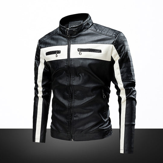 Herren Biker-Lederjacke im Retro-Rennstil mit Stehkragen und Kontraststreifen EB