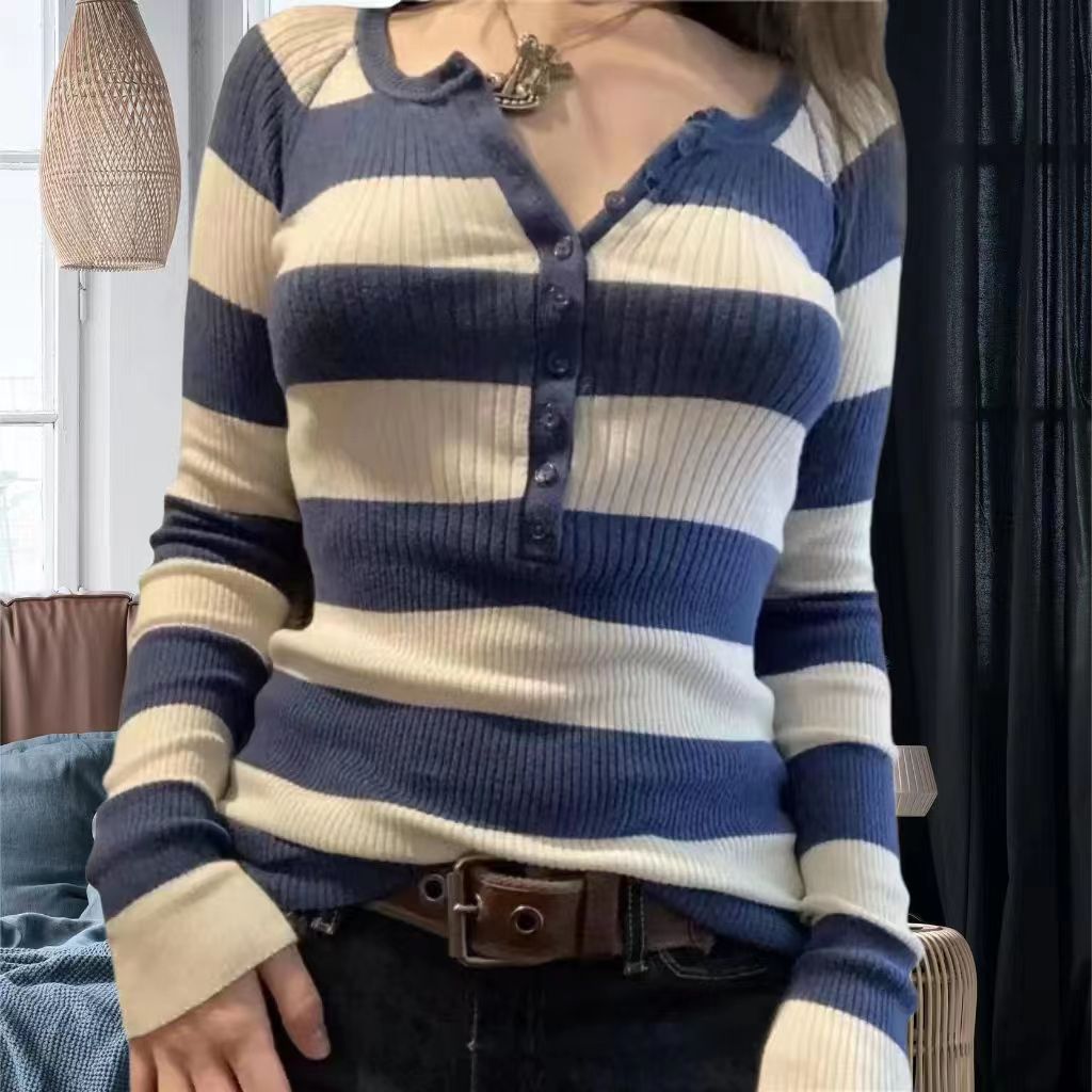 Damen Langarmshirt mit Knopfleiste und Streifenmuster EB