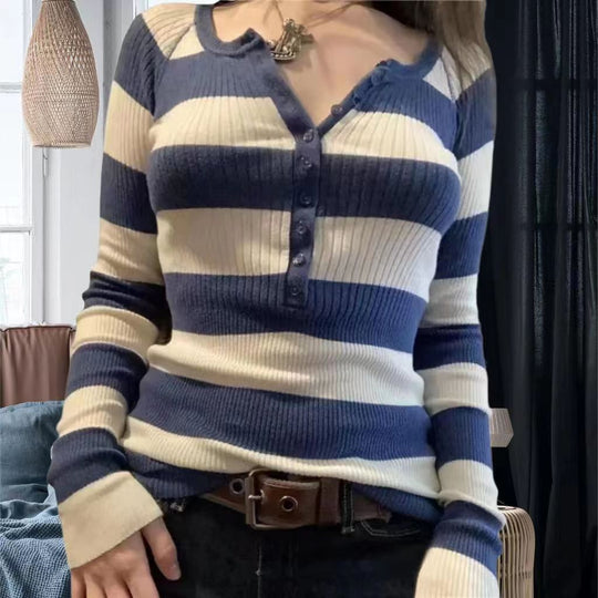 Damen Langarmshirt mit Knopfleiste und Streifenmuster EB