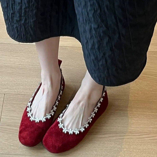Damen bequeme Filz-Ballerinas mit zartem Blumenapplikationsdesign EB