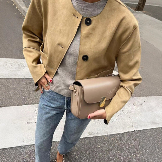 Damen modische Kurzjacke mit praktischen Taschen und Knopfverschluss EB