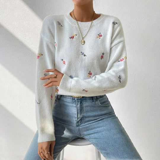Damen kuscheliger Strickpullover mit floralem Motiv EB