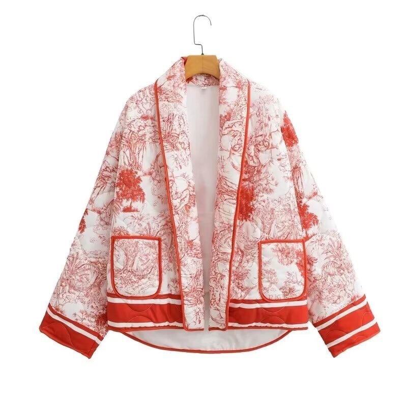 Damen leichte Steppjacke im botanischen Design mit großen Taschen EB