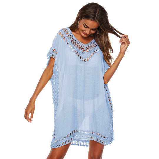 Damen Häkel-Strandüberwurf mit elegantem V-Ausschnitt und fransigen Details EB
