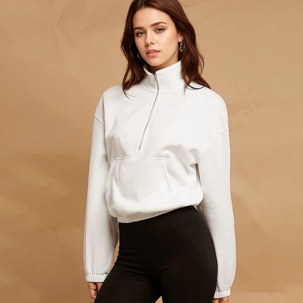 Damen halbzip Cropped Sweatshirt mit hohem Stehkragen, Kängurutasche und elastischem Saum Eichborn Berlin