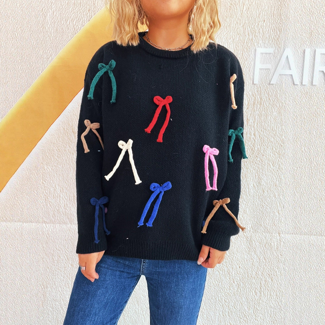 Damen kreativer Pullover mit bunten Schleifenakzenten EB