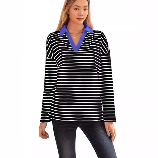 Damen gestreiftes Polo-Shirt mit V-Ausschnitt und kontrastierendem Kragen EB