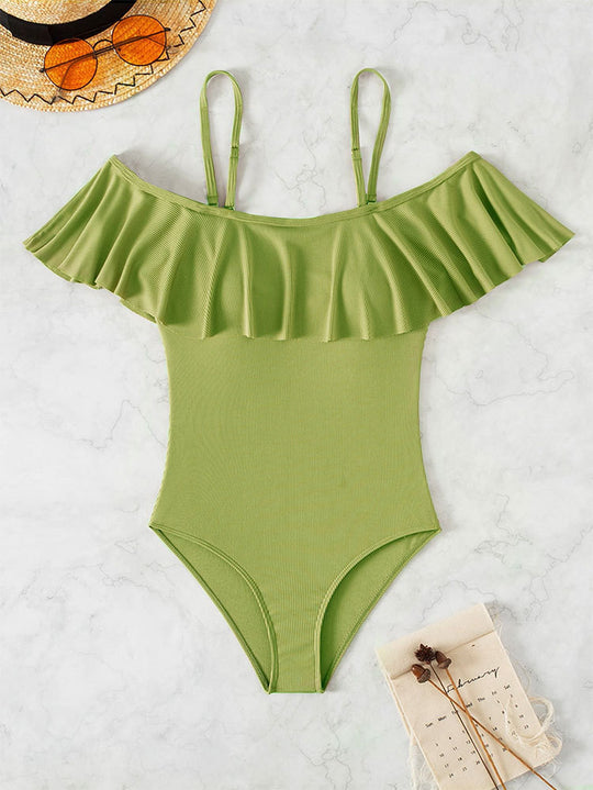 Damen Eleganter Badeanzug mit Volants und schulterfreier Ausschnitt EB