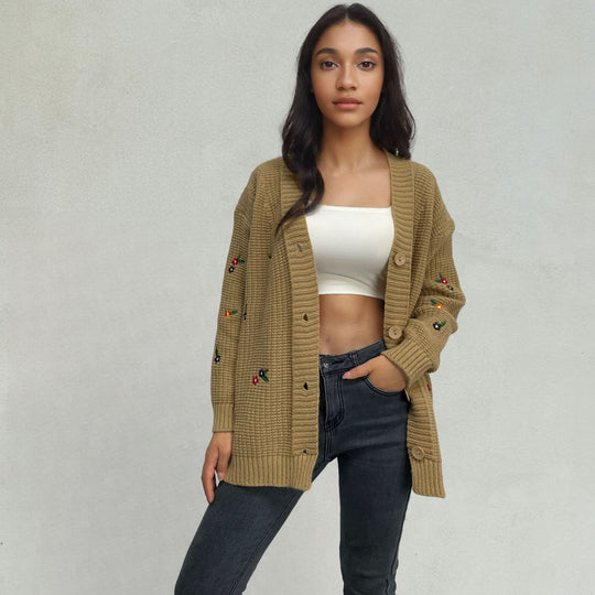 Damen Strickjacke mit floralem Stickdesign EB