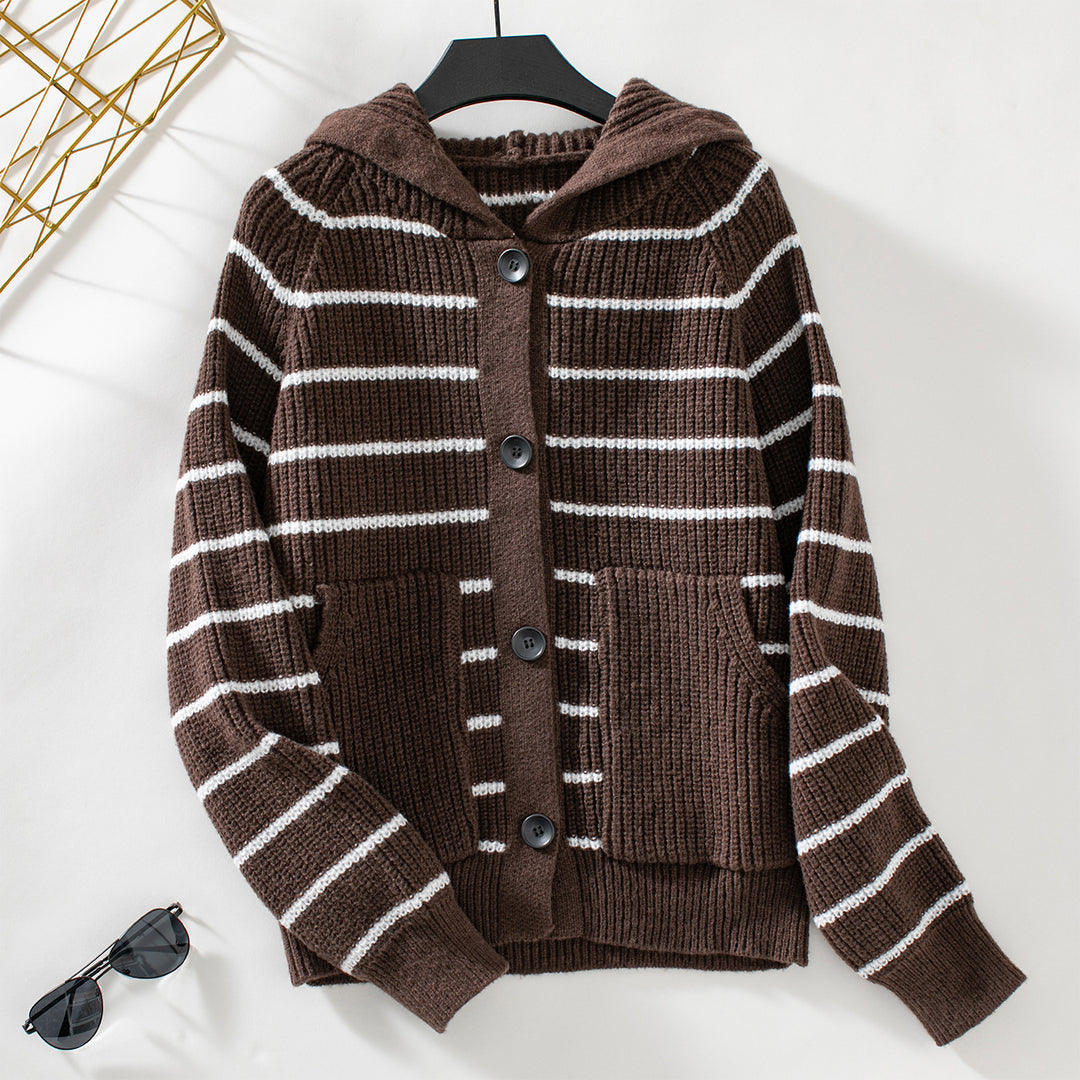 Damen gestreifte Strickjacke mit Kapuze und Taschen EB