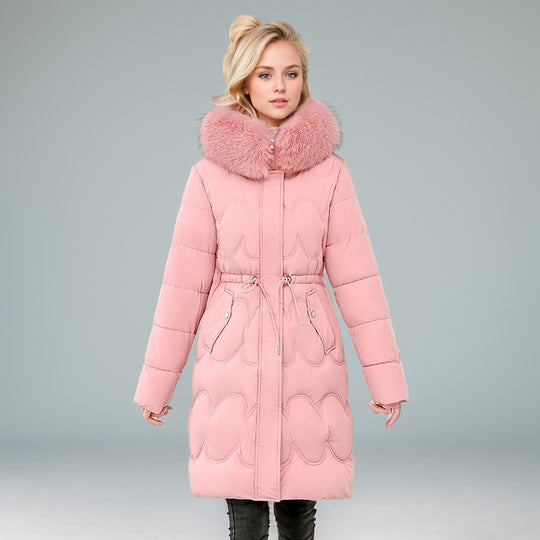 Damen modischer Puffer-Mantel mit abnehmbarem Kunstfellkragen und taillierbarem Gummizug EB