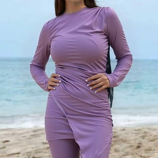 Damen Sportlicher Langarm-Badeanzug mit Wickeldesign EB