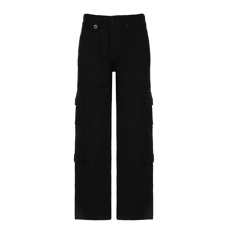Damen nan hohe Taille Cargo-Hose mit geradem Bein, mehrfachen Klappentaschen und markanten Knopfdetails EB