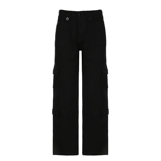 Damen nan hohe Taille Cargo-Hose mit geradem Bein, mehrfachen Klappentaschen und markanten Knopfdetails EB