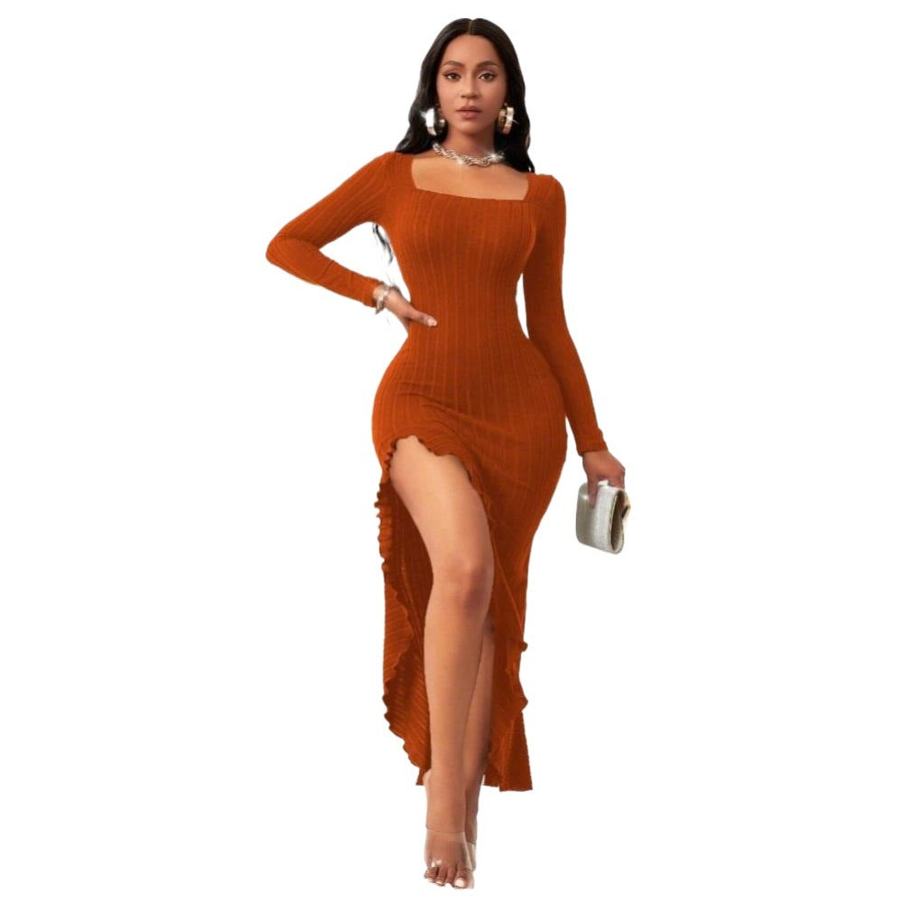 Damen figurbetontes geripptes Maxikleid mit Quadratausschnitt langen Ärmeln und asymmetrischem Volant‑Schlitz Eichborn Berlin