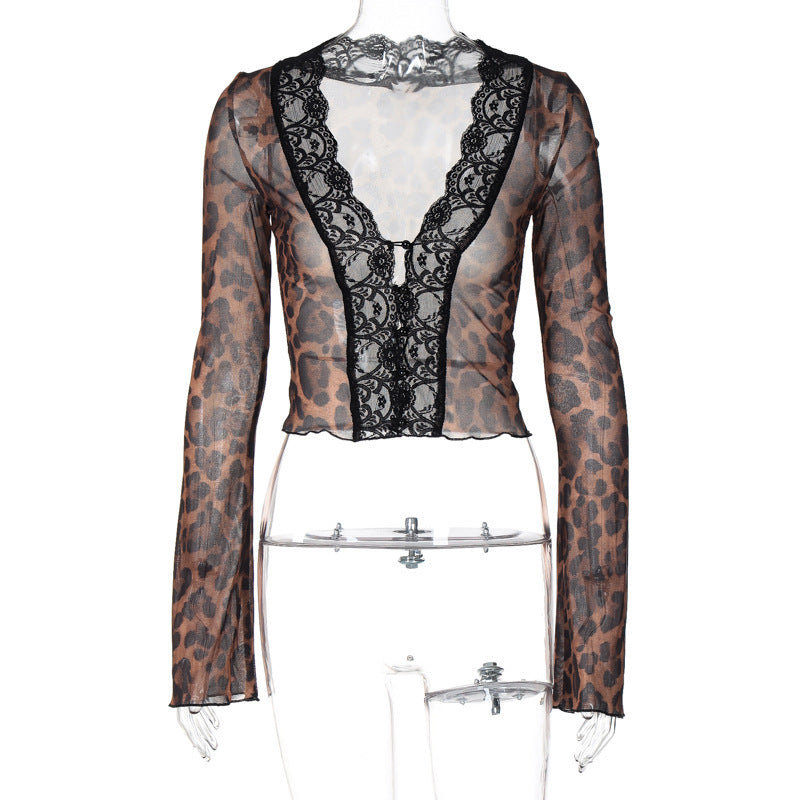 Damen Spitzenbluse mit Leopardenmuster und tiefem V-Ausschnitt EB