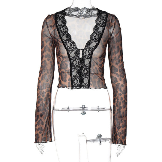 Damen Spitzenbluse mit Leopardenmuster und tiefem V-Ausschnitt EB
