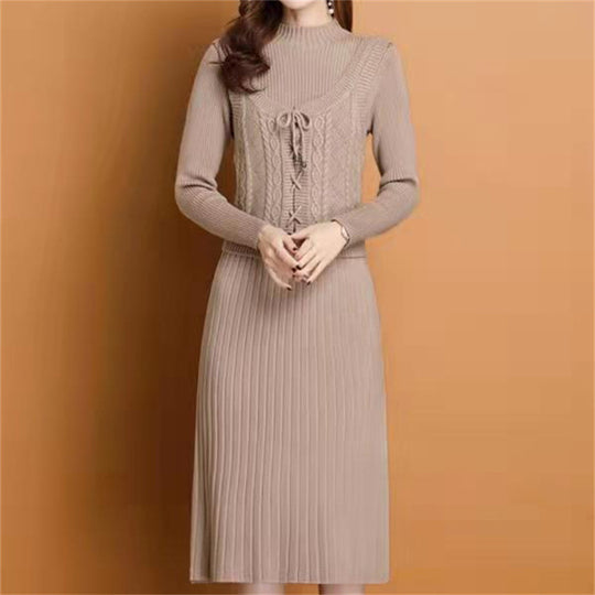 Damen elegantes Strickkleid mit hochgeschlossenem Kragen und dekorativem Zopfdesign EB