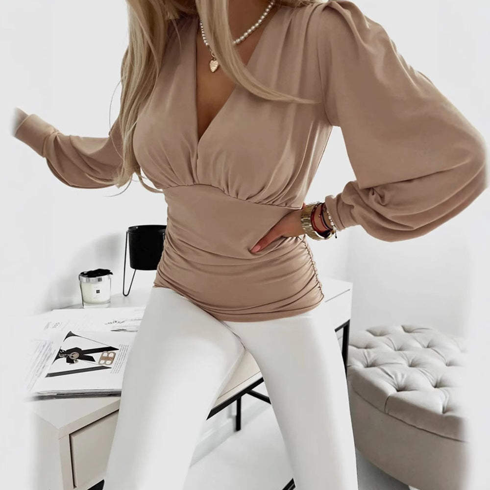 Damen Modisches Blusenshirt mit raffiniertem Wickeldesign und Puffärmeln Heidi-Mode