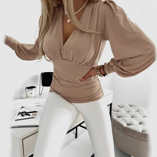 Damen Modisches Blusenshirt mit raffiniertem Wickeldesign und Puffärmeln Heidi-Mode
