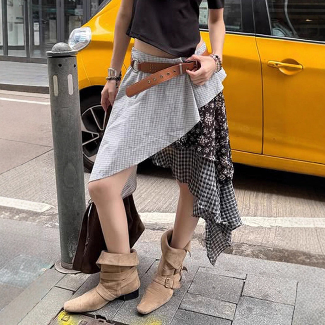Damen asymmetrischer Rock mit floralen und karierten Mustern EB